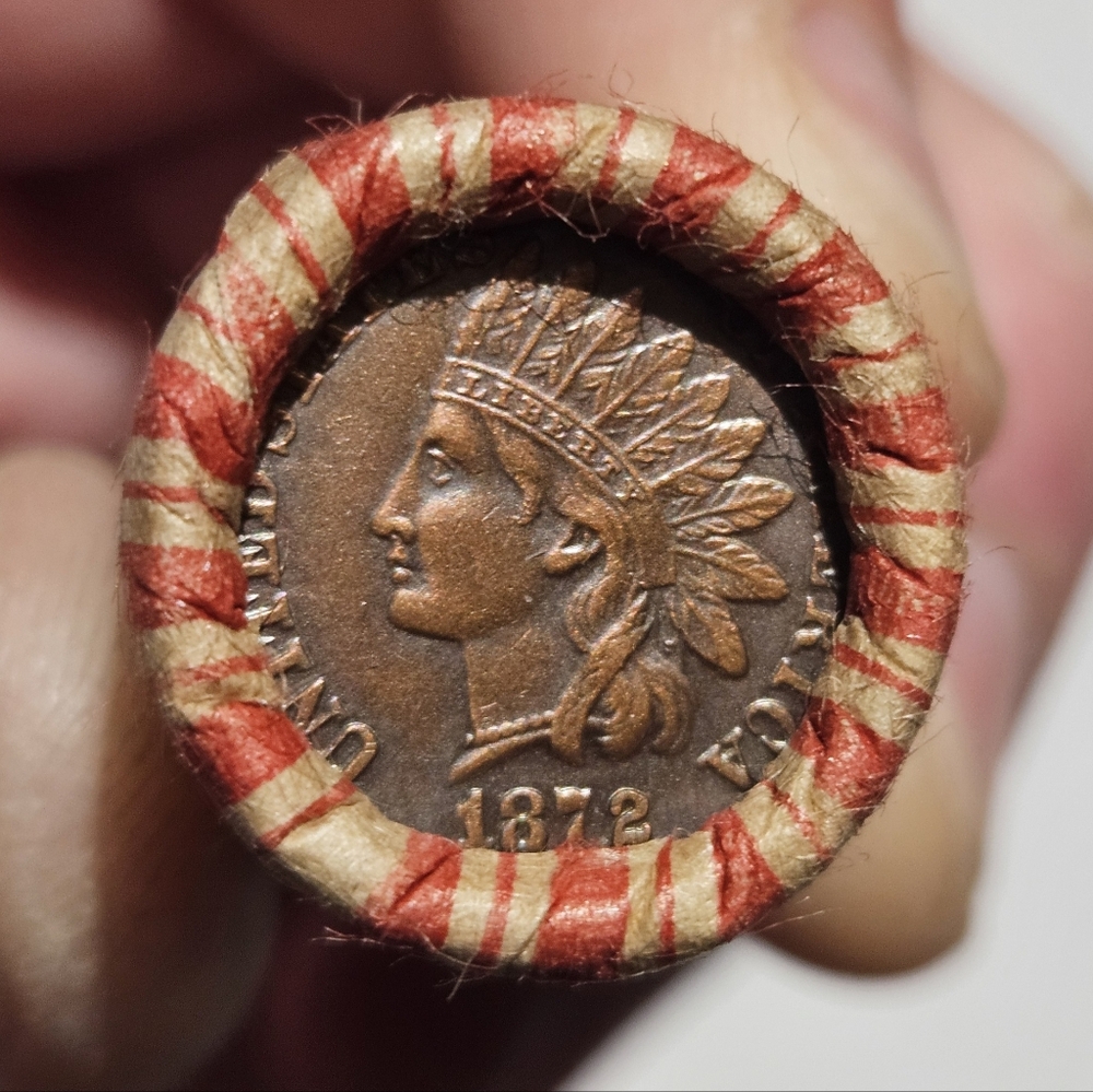 1872 Indian Head/1900 Indian Head Cent Enders on Roll of 50 Lincoln Wheat Cents